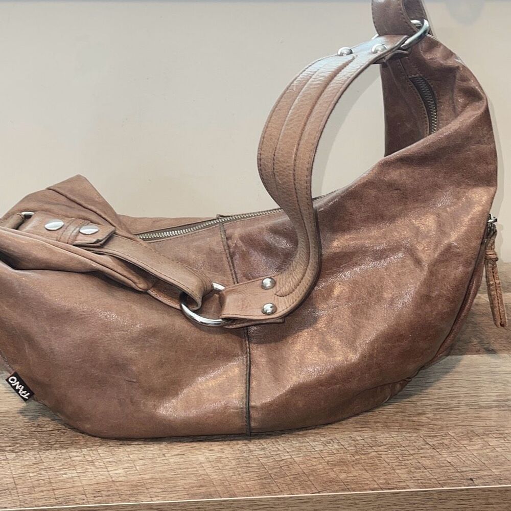 Tano Womens Distressed Studded One Strap Leather Hobo Handbag Brown OS - Picture 5 of 8